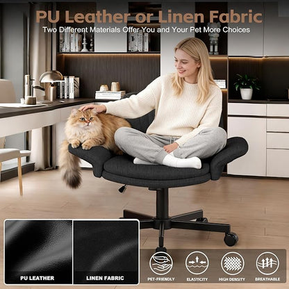 Vonesse Criss Cross Office Chair with Wheels & Armrests, Height Adjustable Vanity Chair, Makeup Chairs with Side Pockets Design, Comfortable Computer Desk Chairs for Home (Linen Fabric,Black)