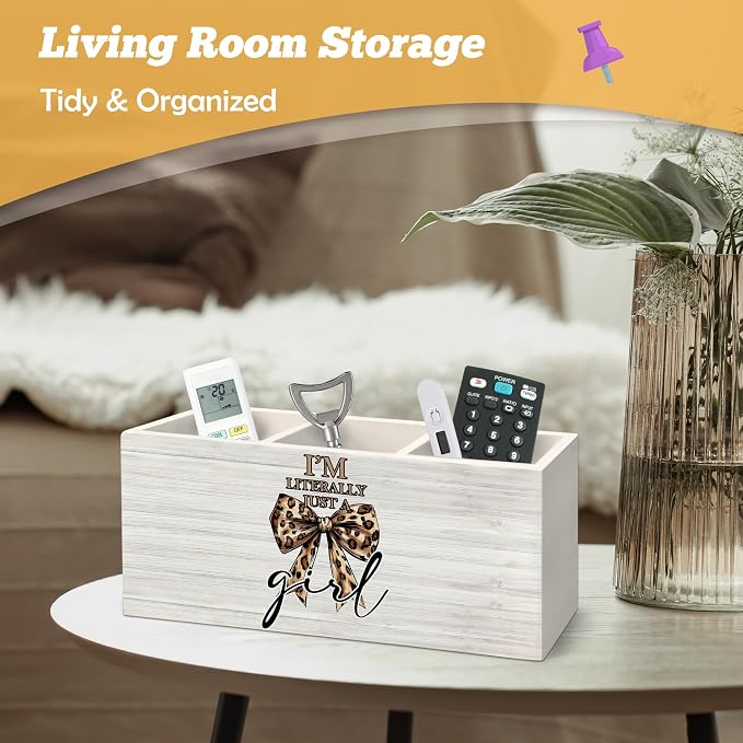 Preppy Coquette Leopard Bow Pen Holder Organizer for Desk Accessories, I'm Literally Just a Girl Wooden Box Sign Desk Decorations for Girls Room Bedroom Decor, Leopard Cheetah Gifts for Women