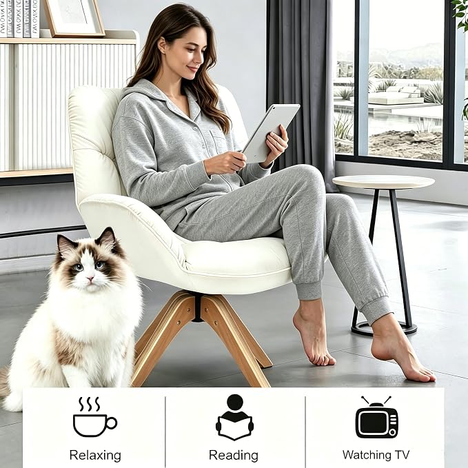 ZLHECTO® Mid Century Accent Chair, 360° Swivel Fabric Desk Chair, Modern Cozy Vanity Chair No Wheel Wood Legs Upholstered Single Armchair for Living Room Bedroom Office Dining Room (Fabric Beige)