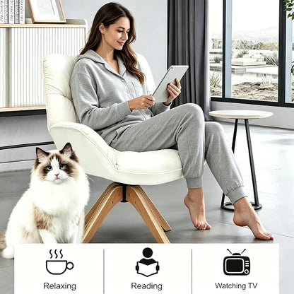 ZLHECTO® Mid Century Accent Chair, 360° Swivel Fabric Desk Chair, Modern Cozy Vanity Chair No Wheel Wood Legs Upholstered Single Armchair for Living Room Bedroom Office Dining Room (Fabric Beige)