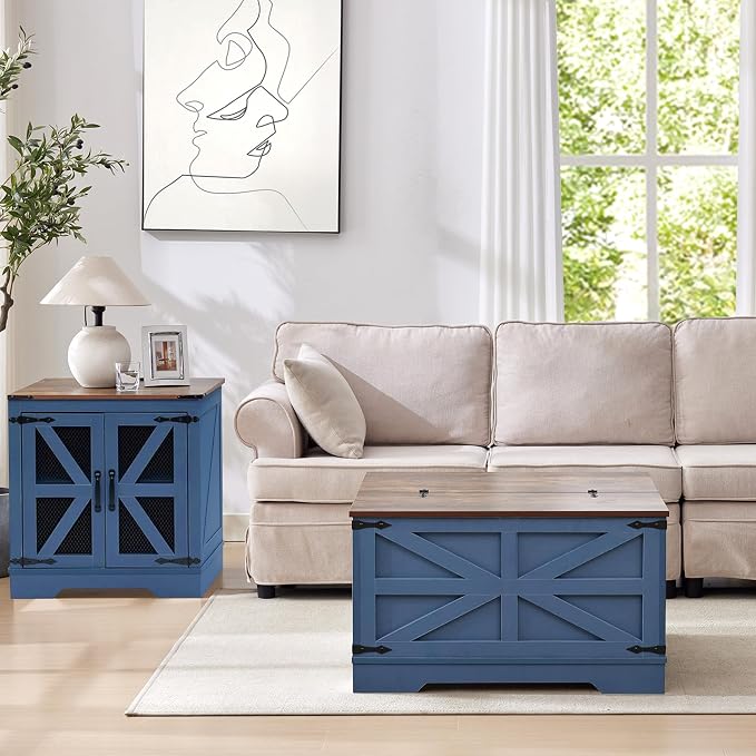 Farmhouse End Table Set with Charging Station, Living Room Tables with Hidden Storage, Wood Square Sofa Bedside Tables, Night Stand with Power Outlet and Door, Blue