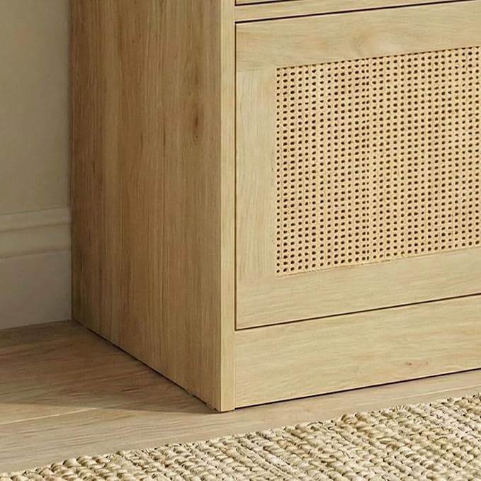 Lateral File Cabinets for Home Office, 2 Drawer Filing Cabinet with Lock, Wide Rattan Filing Organization Storage Cabinets with Printer Stand for Hanging Files/Letter/Legal/A4/F4 Size, Natural Wood