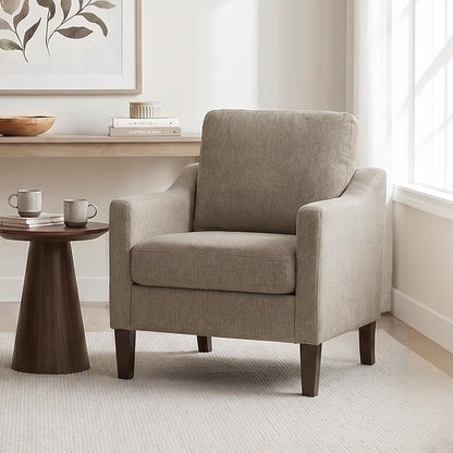 VKNOW Mid-Century Accent Chair, No Tools Assembly Required, Modern Upholstered Polyester Armchair for Living Room,Comfy Reading Accent Chairs with Wood Legs for Bedroom, Brown