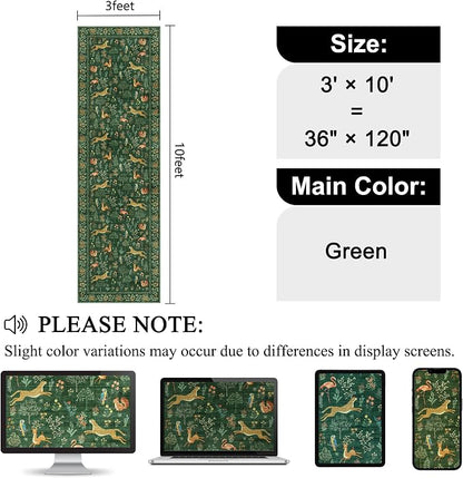 DUKINO 3x10 Washable Runner Rug for Hallway, Lightweight Long Kitchen Rug with Low Pile Design, Vintage Animal Non Shedding Thin Indoor Carpet for Entryway, Bathroom, Bedroom, Laundry Room, Green