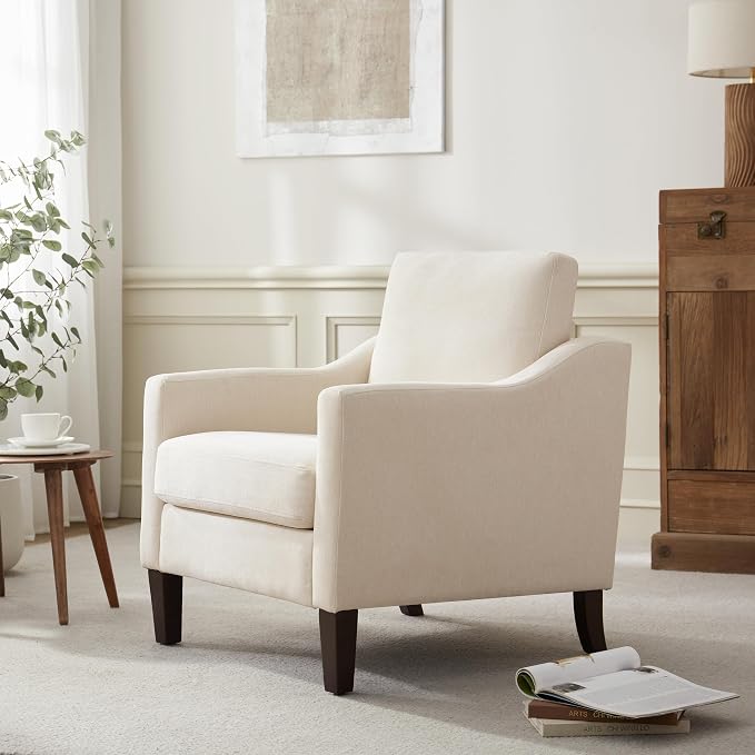 VKNOW Mid-Century Accent Chair, No Tools Assembly Required, Modern Upholstered Polyester Armchair for Living Room,Comfy Reading Accent Chairs with Wood Legs for Bedroom, Beige