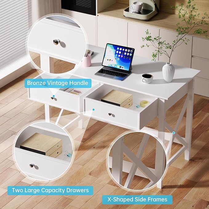 Lewahom White Computer Desk with 2 Drawers, Modern Makeup Vanity Desk with Storage, Writing Desk for Home Office, 42'' Long Study Simple White Desk for Bedroom Console Table Living Room