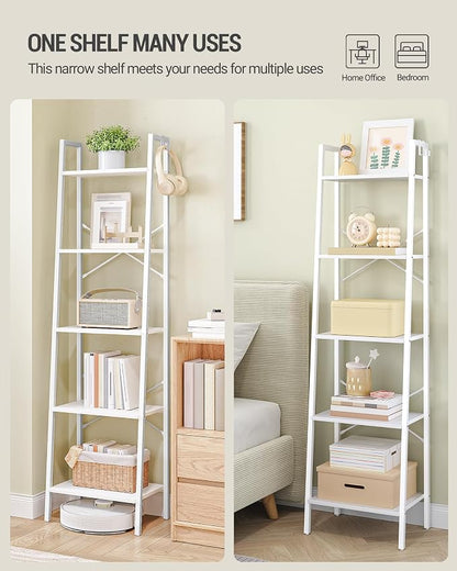 Hzuaneri Ladder Shelf, Bookshelf Bookcase, Freestanding Corner Storage Shelve with 2 Hooks for Home Office, Living Room, Kitchen, Bedroom, Industrial, 11.8" D x 17.3" W x 63" H, White BC19213W