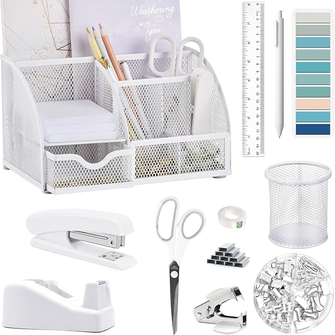 White Office Desk Accessories Supplies, 12pcs Desk Organizers and Accessories with Tape dispenser and Stapler,Staples,Staple Remover,Pen Holder,Scissor,Ruler,Sticky Tabs,Tape,Ballpoint Pen,Clips Set
