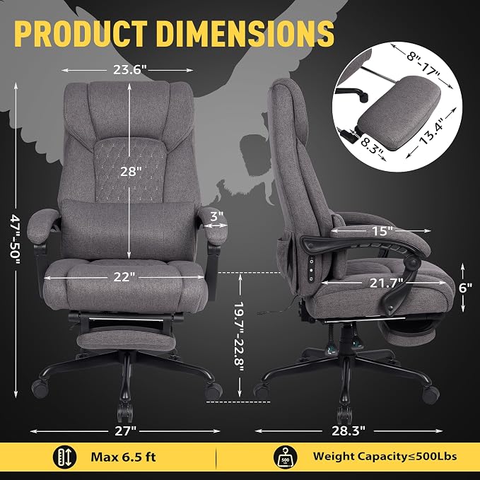 3D Kneading Massage Office Chair with Heat, 500 lbs Big and Tall Executive Computer Desk Recliner, Leather Electric Heated Office Chairs with Massage & Footrest, Gery