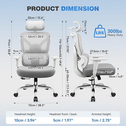 Ergonomic Office Desk Chair, High Back Mesh Office Chair with Adjustable Lumbar Support, 3D Headrest, Big and Tall Home Computer Desk Chairs Comfy for Work, Gaming, 300lbs, (Gray, 4 Pack)