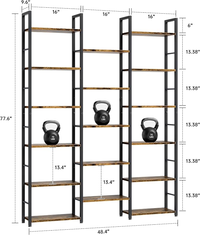 Shintenchi Triple Column 6 Tier Bookshelf, Industrial Large Bookcase Display Shelves, Large Etagere Bookshelf,Wide Book Shelf Book Case for Home & Office, Rustic Brown