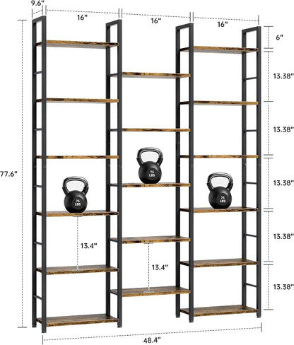 Shintenchi Triple Column 6 Tier Bookshelf, Industrial Large Bookcase Display Shelves, Large Etagere Bookshelf,Wide Book Shelf Book Case for Home & Office, Rustic Brown