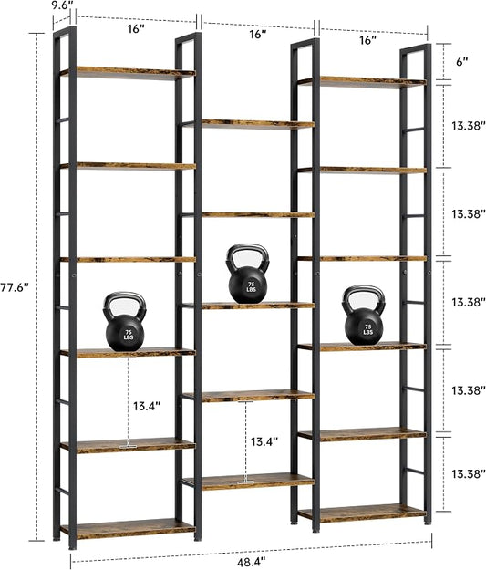 Shintenchi Triple Column 6 Tier Bookshelf, Industrial Large Bookcase Display Shelves, Large Etagere Bookshelf,Wide Book Shelf Book Case for Home & Office, Rustic Brown