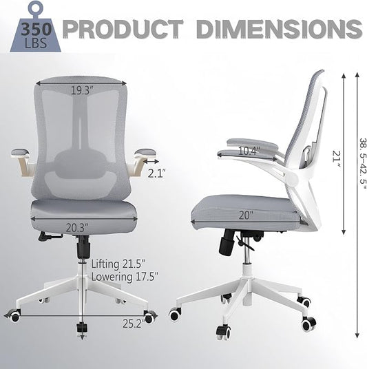 Ergonomic Office Chair - 350LB Comfy Desk Chairs with Lumbar Back Support, Mesh Computer Chairs with Wheels and Arms for Home Office, Study (Gray-Without Headrest)