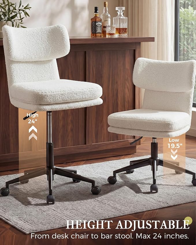 COMHOMA Vanity Chair with Ergonomic Curved Backrest, Home Office Desk Chair with Silent Wheel, Wide Seating Computer Chair for Girls Women Bedroom, Soft Teddy Fabric, White