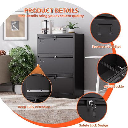 3 Drawer Lateral File Cabinet, Metal Lateral File Cabinets with Lock, Legal Size Steel Lateral Filing Cabinet for Office and Home