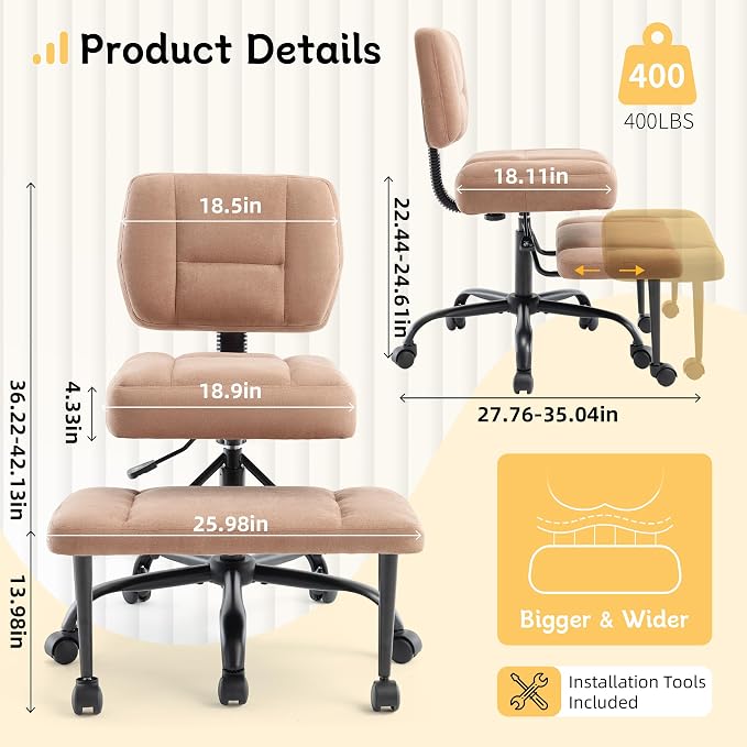 Criss Cross Legged Office Chair with Wheels,Swivel Meditation Chair for ADHD,Ergonomic Desk Chair with Thicken Adjustable Footstool,Fabric Sitting Fidgeting Kneeling Chair for Home Yoga Brown