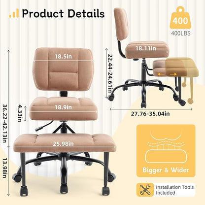 Criss Cross Legged Office Chair with Wheels,Swivel Meditation Chair for ADHD,Ergonomic Desk Chair with Thicken Adjustable Footstool,Fabric Sitting Fidgeting Kneeling Chair for Home Yoga Brown