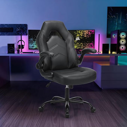 OLIXIS Computer Gaming Desk Chair - Ergonomic Video Game with Comfy Lumbar Support and headrest, PU Leather with Flip-up Arms, Adjustable Height and Swivel Wheels, for Adults, Black