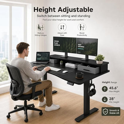 Grandder Electric Standing Desk with Two Drawers, Curved Desktop Sit to Stand Up Height Adjustable Desk with Storage Shelf for Home Office, 47 * 26 Inch, Ergonomic Adjustable Computer Desk, Black