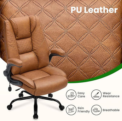 500lbs Big and Tall Office Chair with Inflatable Lumbar Support, Rubber Wheels Executive Chair with Rocking Function, High Back Wide Cushion Leather Ergonomic Computer Desk Chair for All-Day Sitting