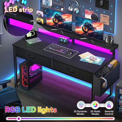 DurayLoly 47.3Inch Gaming Desk with LED Lights with 2 Drawers, Home Office Desk Computer Desk with Side Pocket & Ergonomic Monitor Stand, Small Space Study Writing Table with Anti-Tip Design,Black