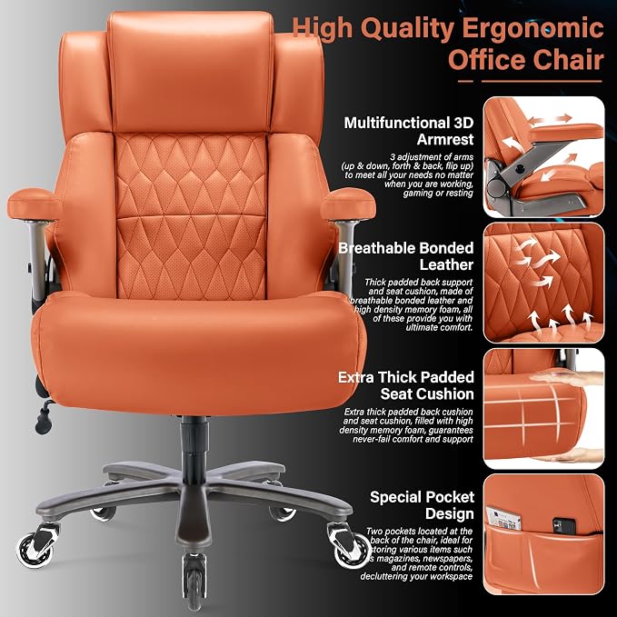 Big and Tall 700lbs Office Chair - Adjustable Lumbar Support 3D Flip Arms Heavy Duty Metal Base&Wheels, High Back Large Executive Computer Desk Chair, Thick Padded Ergonomic Design for Back Pain
