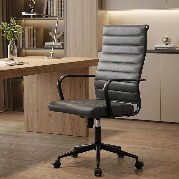 Okeysen Genuine Leather Office Desk Chair, Mid-Century Modern Real Leather Conference Room Chairs, Ergonomic Executive Ribbed Height Adjustable Swivel Rolling Chair for Home Office.