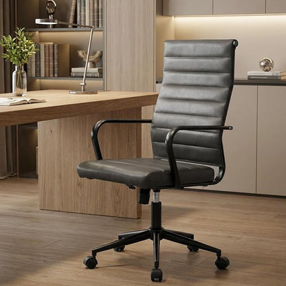 Okeysen Genuine Leather Office Desk Chair, Mid-Century Modern Real Leather Conference Room Chairs, Ergonomic Executive Ribbed Height Adjustable Swivel Rolling Chair for Home Office.