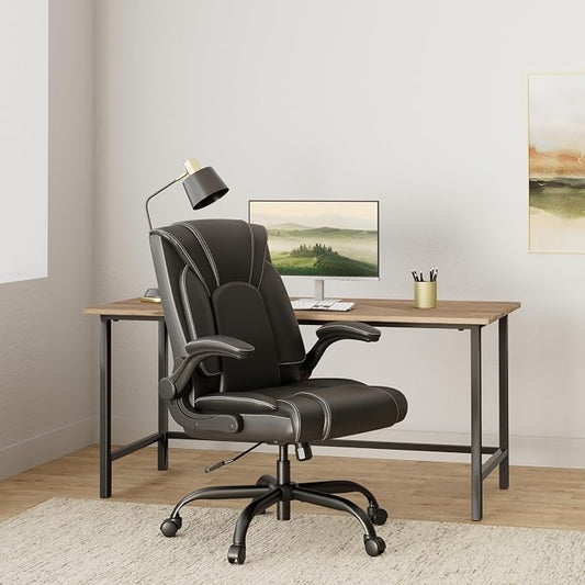 OUTFINE Flip-up Arms Office Chair 300lbs Executive Chair Swivel Office Chair with hydrolysis-Resistant Leather Spring Cushion Thick Padding and Ergonomic Design (Black, Flip Arm Medium) | Flip-up armrests, ergonomic support and durable leather maximize...