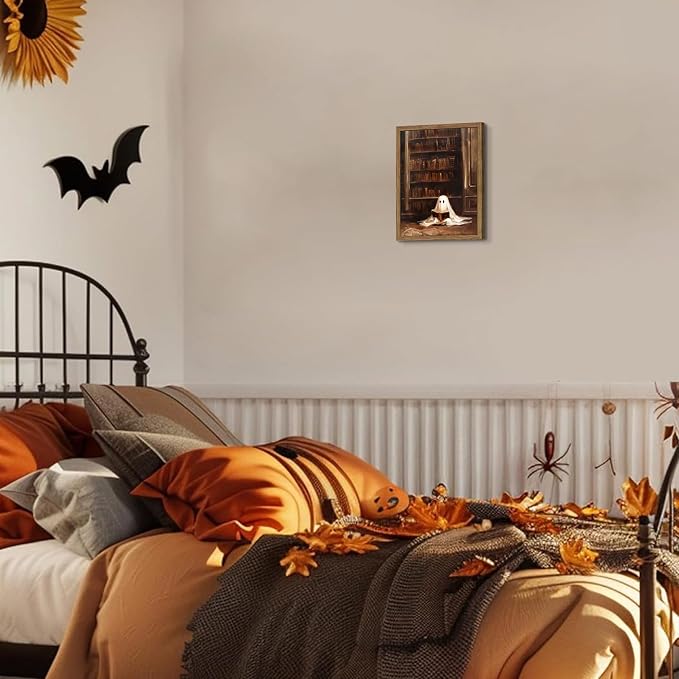 Framed Vintage Library Ghost Wall Art - Ghost Reading Canvas Print Halloween Decor, Gothic Victorian Dark Academia Halloween Wall Decor for Bedroom Office 8x10 inch Wood Frame