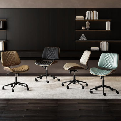 Home Office Chair No Arms with Wheels, Armless Adjustable Height Small Desk Chair, Armless PU Leather Computer Chair Mid Back 360 Swivel, Modern Walnut, Reading Meeting Room (Brown)