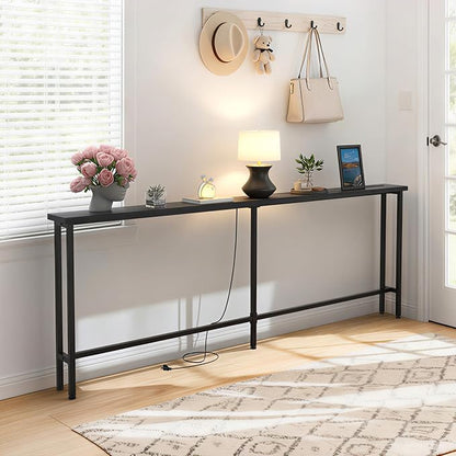 GRLEAF 70" Sofa Table with Built-in Power Strip (4 AC Outlets & 4 USB Ports) – 4.9ft Power Cord, Metal Frame, Easy Assembly, Long Couch Table Behind Sofa, Hallway, Living Room and Home Office | Black