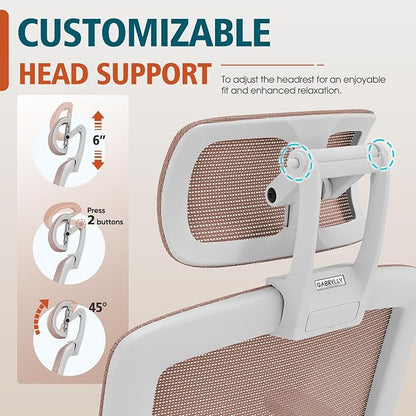 GABRYLLY Ergonomic Office Chair, High Back Home Desk Chair with Headrest, Flip-Up Arms, 90-120° Tilt Lock and Wide Cushion, 300LBS Mesh Chairs for Man Woman, White Task Chair(Pink,GY01WPK)
