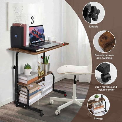 Adjustable Height Mobile Computer Desk for Small Space Rolling Writing with Wheels Corner Home Office Study Portable Desks Standing Desk Rolling Desk Mobile Laptop Table Size 31.5X15.7 Inch Brownish