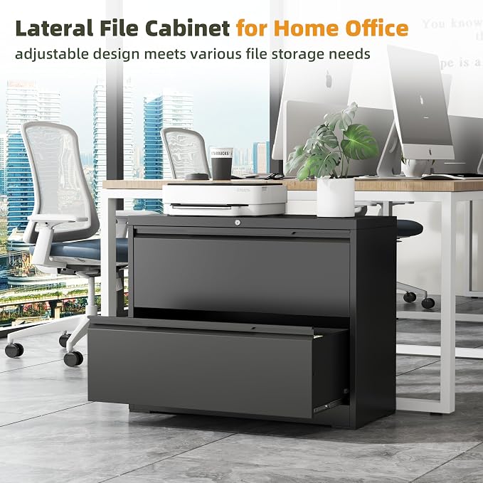 Lateral File Cabinet, 2 Drawer Metal File Cabinet with Lock, Lateral Filing Cabinet for Home Office, Office Organization Cabinet for Letter/Legal/F4/A4 Size,Black