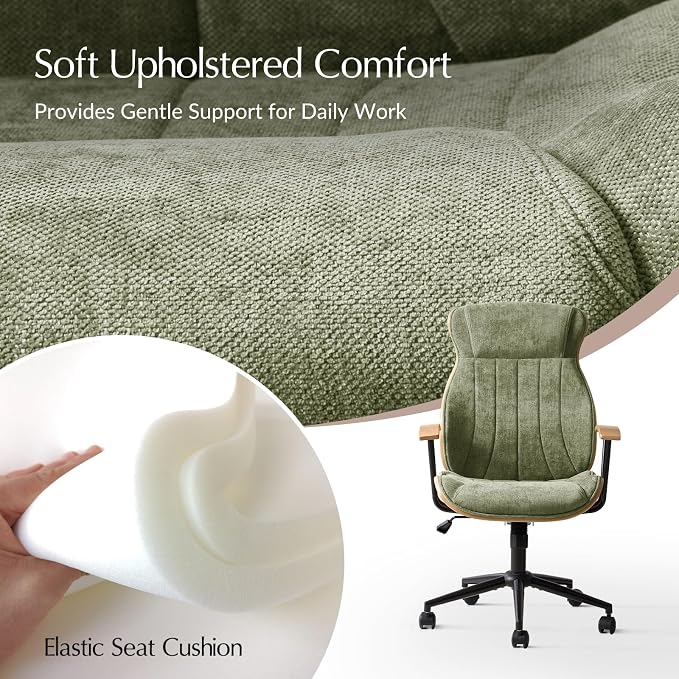 HULALA HOME Solid Wood Office Chair with Tilt Function, Mid Century Modern Bentwood Desk Chair with High Backrest, Height Adjustable Swivel Fabric Computer Task Chair, Green