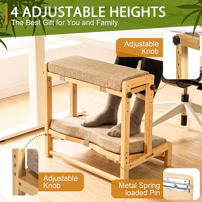Two-Tier Bamboo Desk Footrest, Adjustable Ergonomic Leg Rest with Cushion | Adjustable 4 Heights Leg Rest with Removable Cushion, Wide Ergonomic Platform Ideal for Office, Gaming, and Study