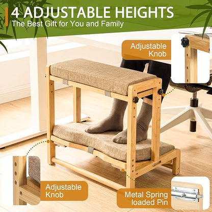 Two-Tier Bamboo Desk Footrest, Adjustable Ergonomic Leg Rest with Cushion | Adjustable 4 Heights Leg Rest with Removable Cushion, Wide Ergonomic Platform Ideal for Office, Gaming, and Study