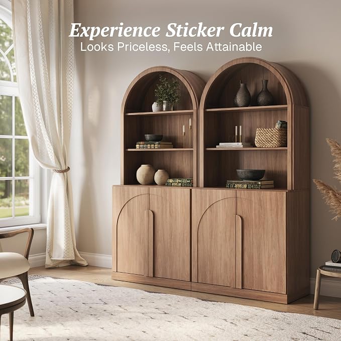 BELLEZE Set of 2 71"Tall Storage Cabinet with Arched Hutch, Wooden Sideboard Buffet Cabinet with Adjustable Shelves for Pantry Organizing, 5-Tier Modern Storage Unit for Living Room Home Office, Camel