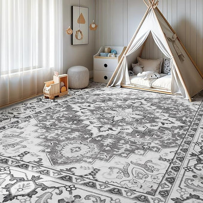 Lofus 6x9 Area Rugs for Living Room, Washable Area Rug, Rugs for Bedroom, Kitchen, Vintage Boho Carpet, Soft Non-Slip, Low Pile Large Area Rug for Office Dining Room, Floral Grey