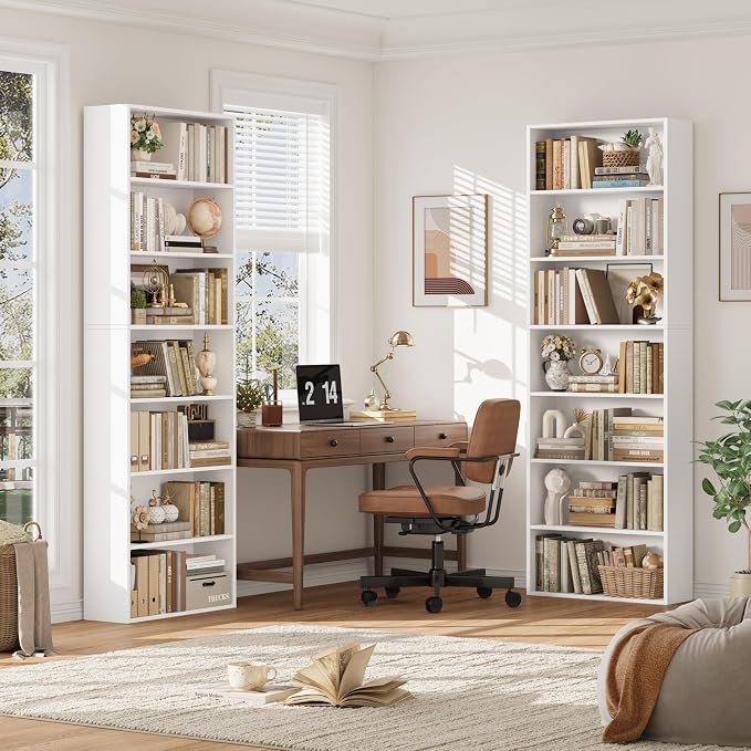 FACBOTALL 82" Tall Bookshelf Set of 2, 7-Tier Double Open Shelves Bookcase,Freestanding Display Storage Shelves, Tall Bookcase Home Decor Furniture for Home Office,Living Room,Bedroom, White