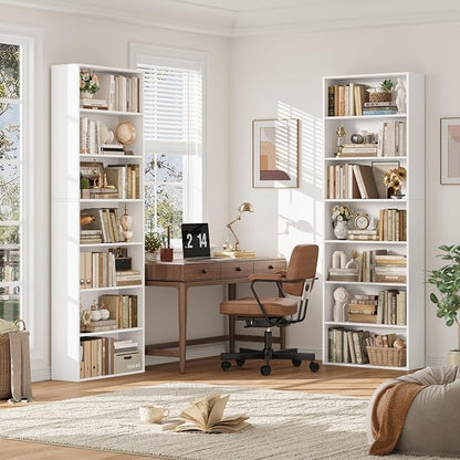 FACBOTALL 82" Tall Bookshelf Set of 2, 7-Tier Double Open Shelves Bookcase,Freestanding Display Storage Shelves, Tall Bookcase Home Decor Furniture for Home Office,Living Room,Bedroom, White