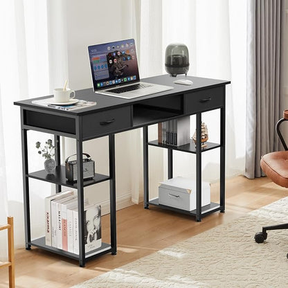 48" Small Gaming Desk with Drawers, Home Office Computer Writing Study Table with Storage Side Bag, Headphone Hook, and Adjustable Feet for Bedroom, Ink