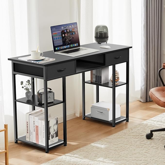 OLIXIS Computer Desk with 3 Drawers Study Writing Table with Storage Bag Headphone Hook Adjustable Feet for Home Office Small Spaces