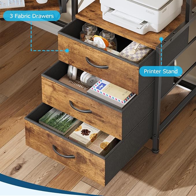 YOMILUVE Corner Desk with Power Outlets, Small Computer Desk with Drawers & Printer Shelf, Triangle Gaming Desk with LED Lights, Keyboard Tray and Monitor Stand for Small Space, Rustic Brown