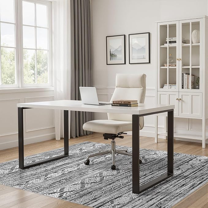 Nakagishi Area Rug Living Room Rugs: 7X9 Machine Washable Boho Large Neutral Farmhouse Stain Resistant Moroccan Indoor Floor Carpet for Bedroom Nursery Dorm Dining Room Home-White Black