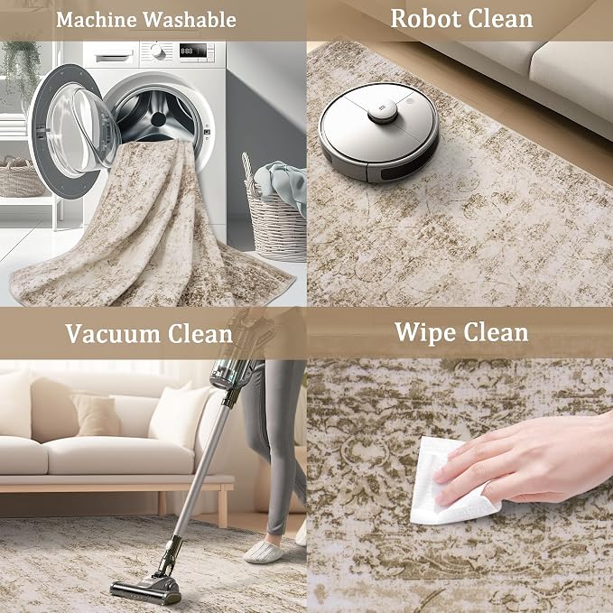 9x12 Area Rug Living Room Rugs - Washable Rug Large Modern Abstract Soft Thin Carpets Indoor Floor No Slip Vintage Carpet for Bedroom Under Dining Table Nursery Home Office Decor Beige