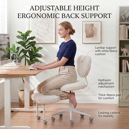 Cross Legged Office Chair with Wheels, 360 Swivel Height-Adjustable Meditation Chair with Lumbar Support, Beige
