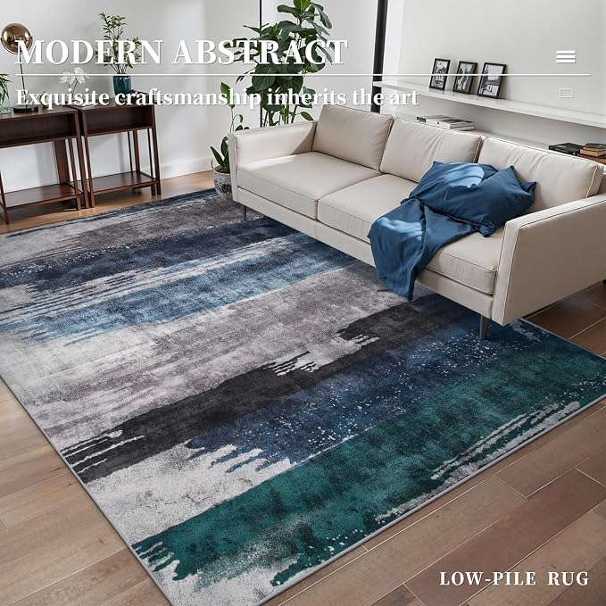 Ciicool Modern Abstract Deep Blue Gray Rug for Living Room, 4'x6' Machine Washable Area Rug Non-Slip Rug, Low-Pile Contemporary Indoor Dining Floor Carpet for Bedroom Office Under Table Home Decor